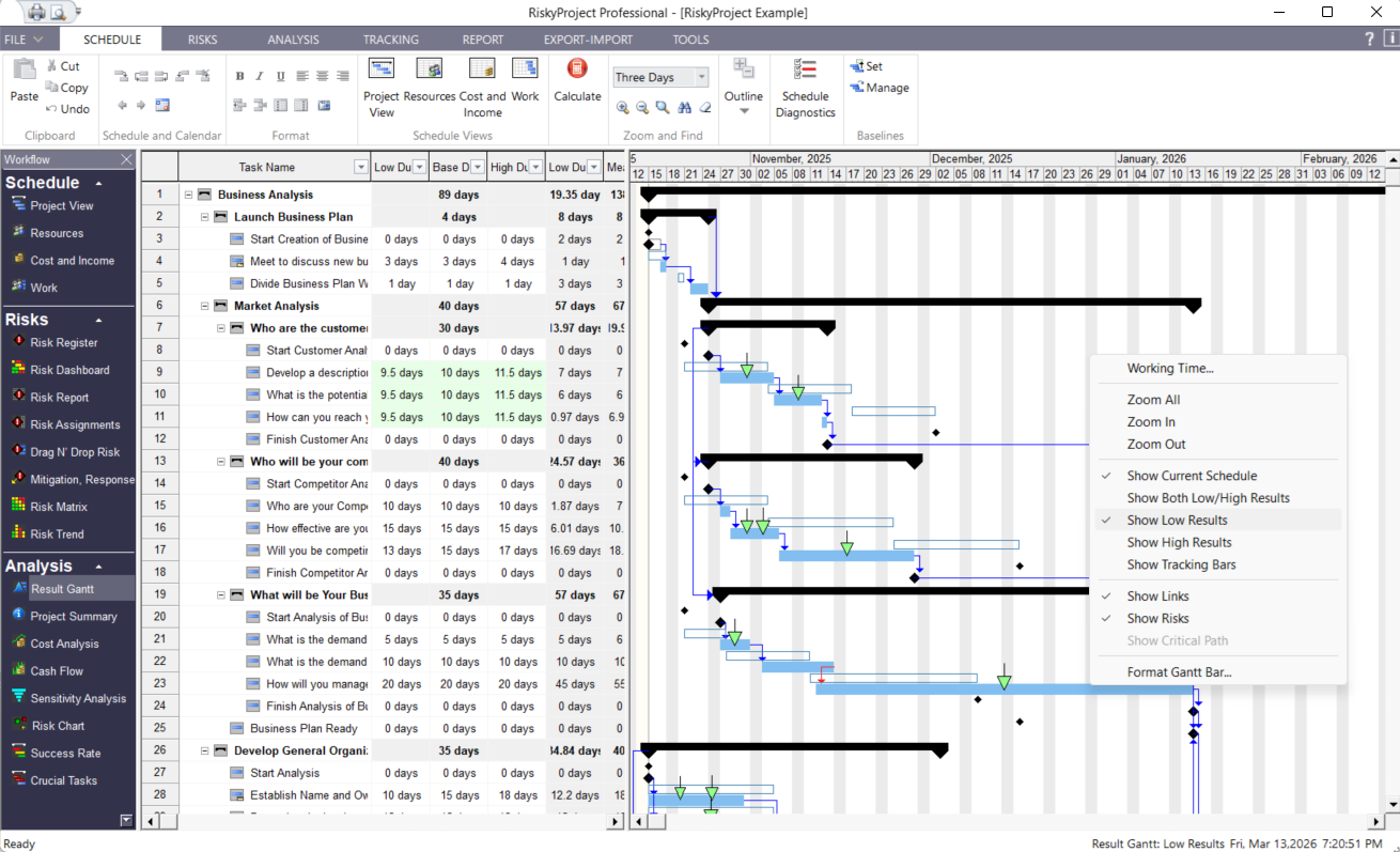 RiskyProject Professional: Optimistic and Pessimistic Schedule