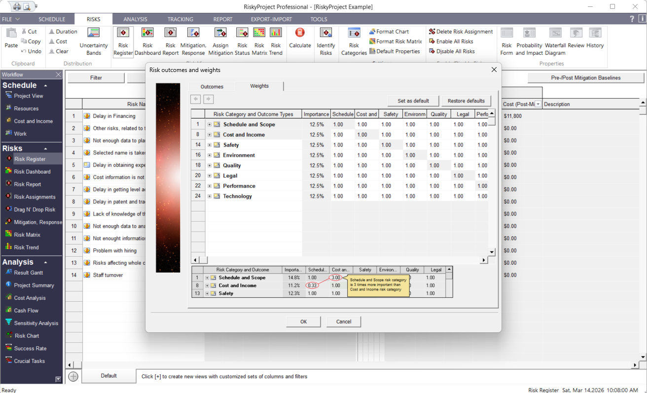 RiskyProject: Risk Categories, Outcomes, and Weights