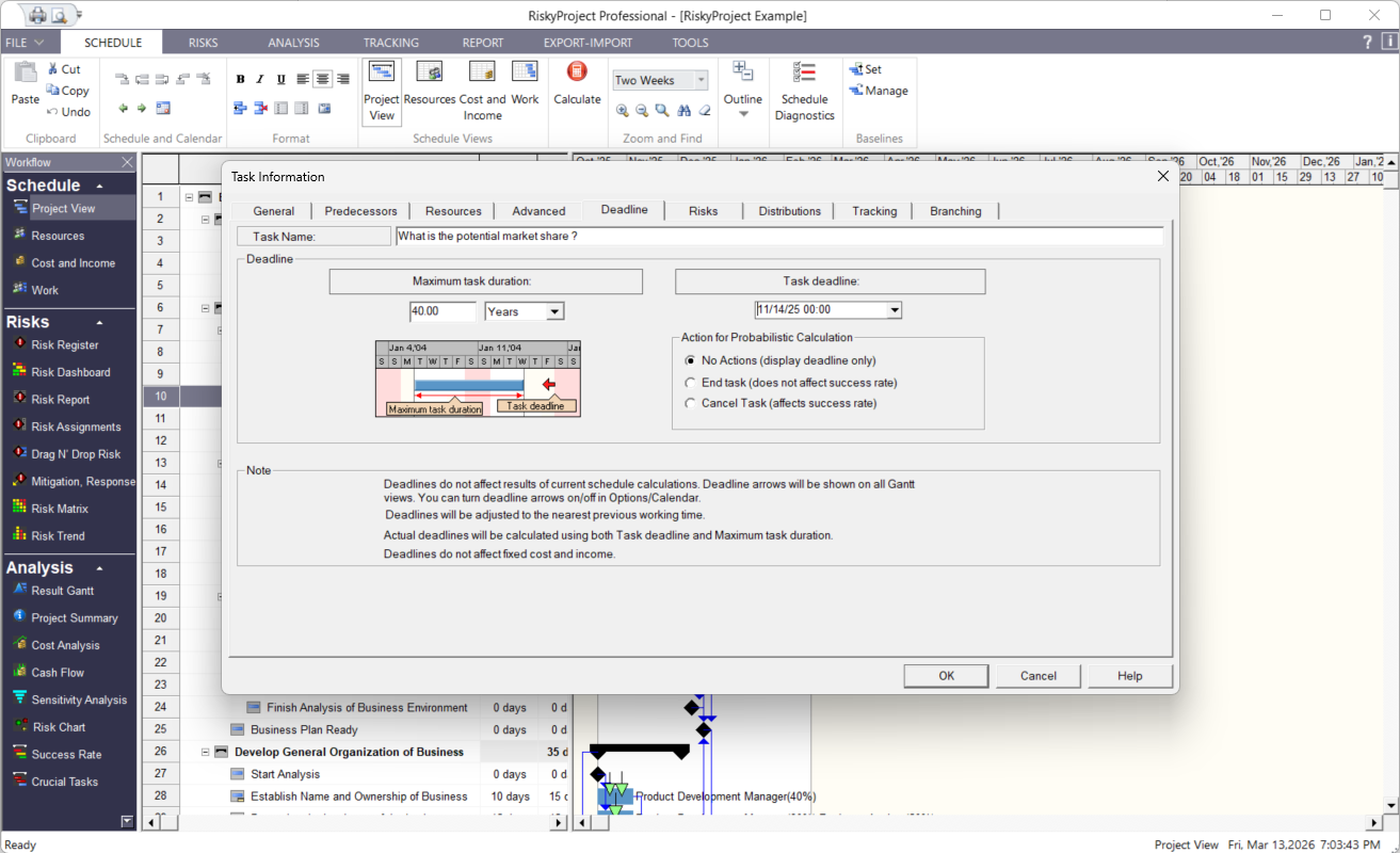 RiskyProject Professional: Task Deadlines with Uncertainties in Task Duration