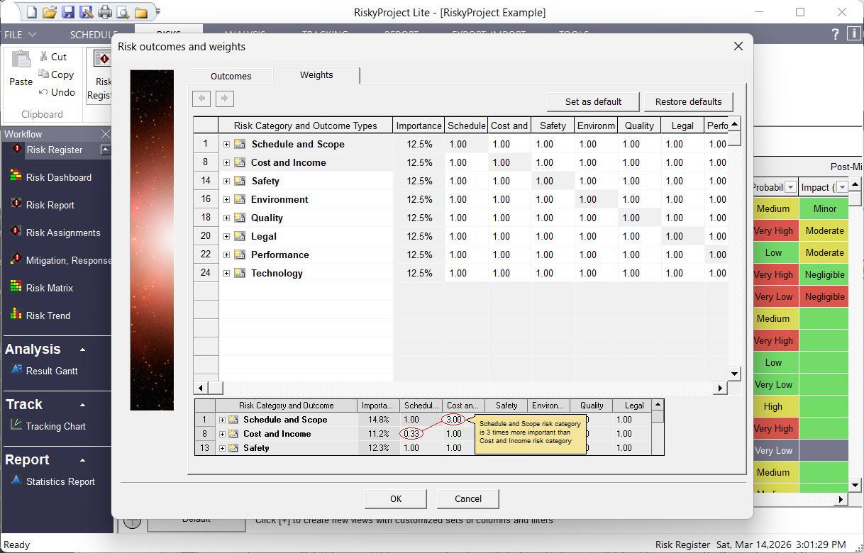 RiskyProject Lite: Risk Categories, Outcomes, and Weights